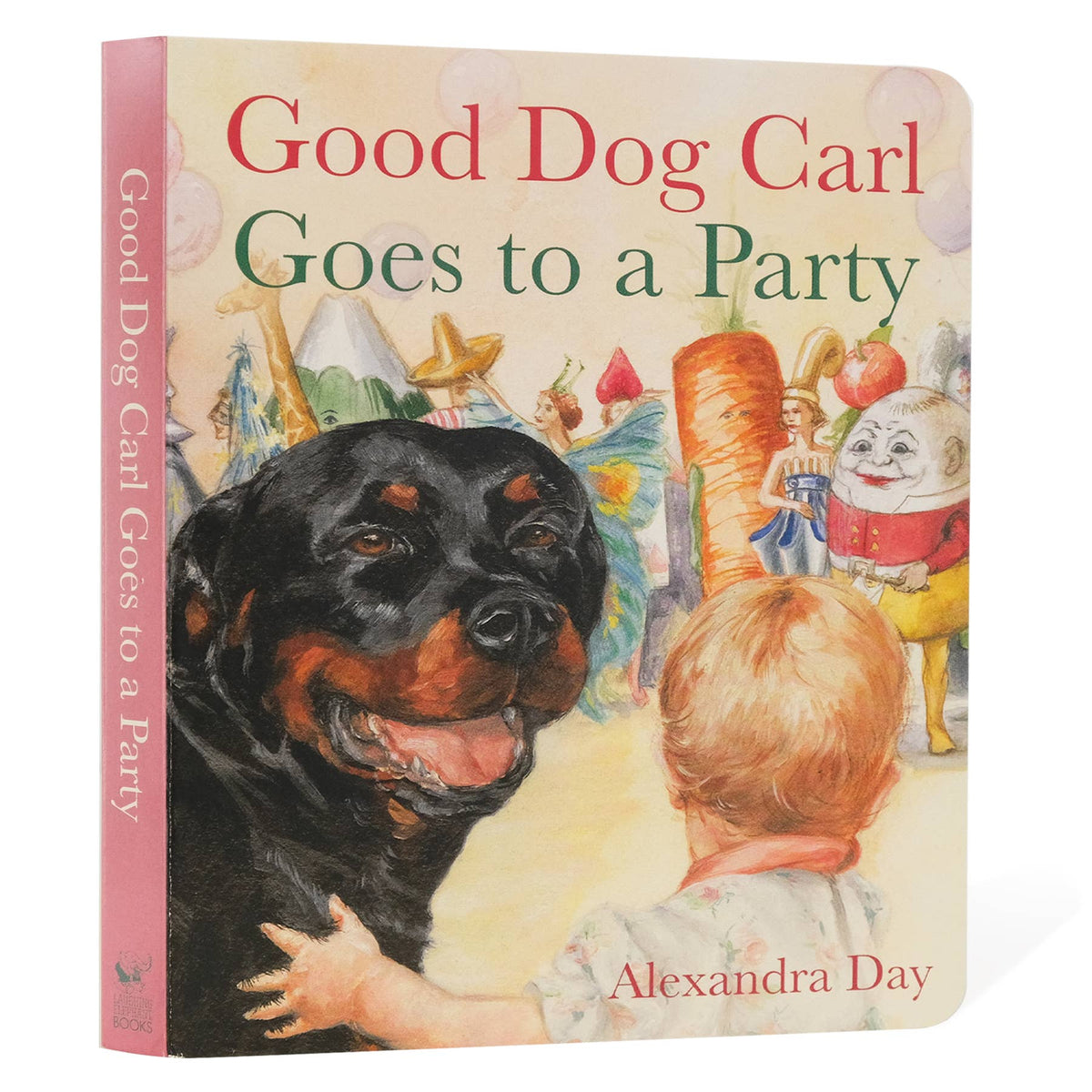 Book titled 'Good Dog Carl Goes to a Party' with a dog and child illustration on the cover.