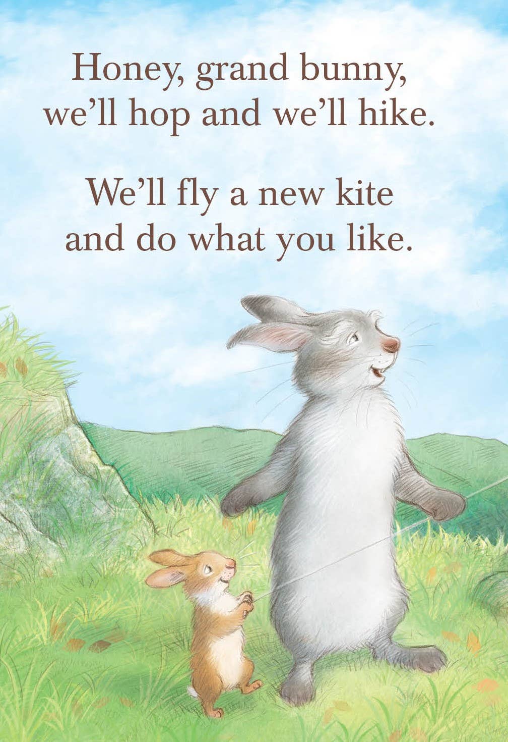 Illustration of two bunnies in a grassy field with a kite, text overlay.