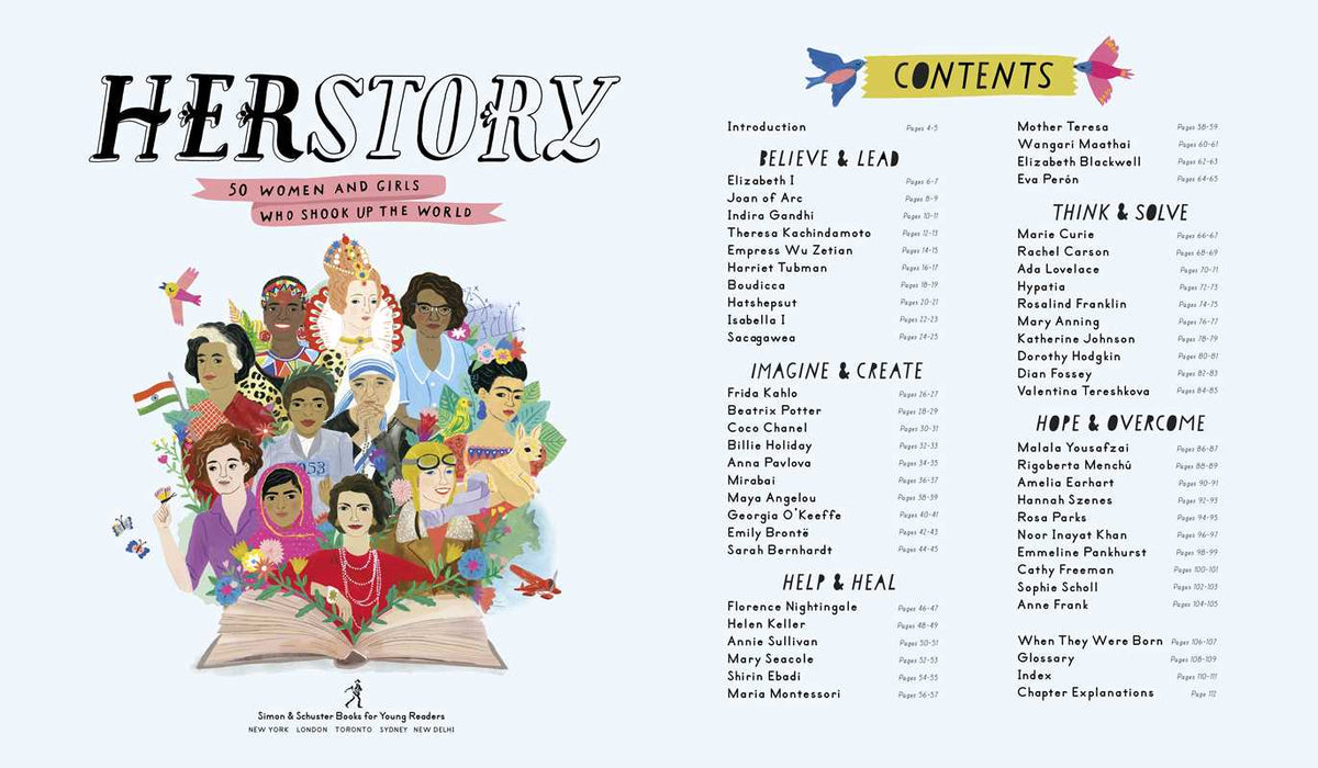 Book cover of 'Herstory' with illustrations of women and a list of contents on a white background.