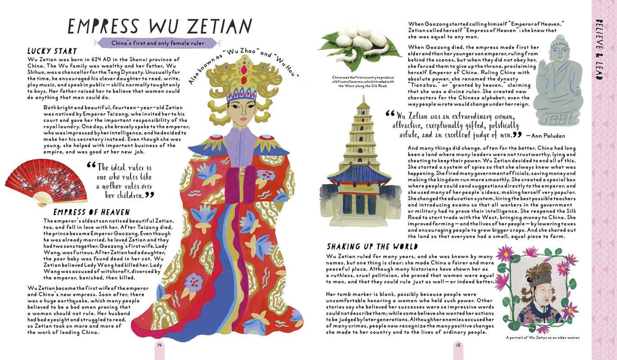 A printed page titled 'EMPRRESS WU ZETIAN' with multiple text blocks, small illustrations, and two larger red-and-gold line-art depictions of the Empress of China.
