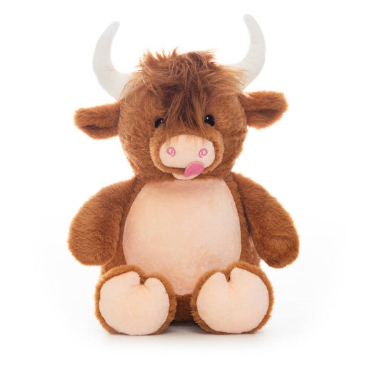 Plush brown Highland Cow with white horns and a cream belly on a white background. 