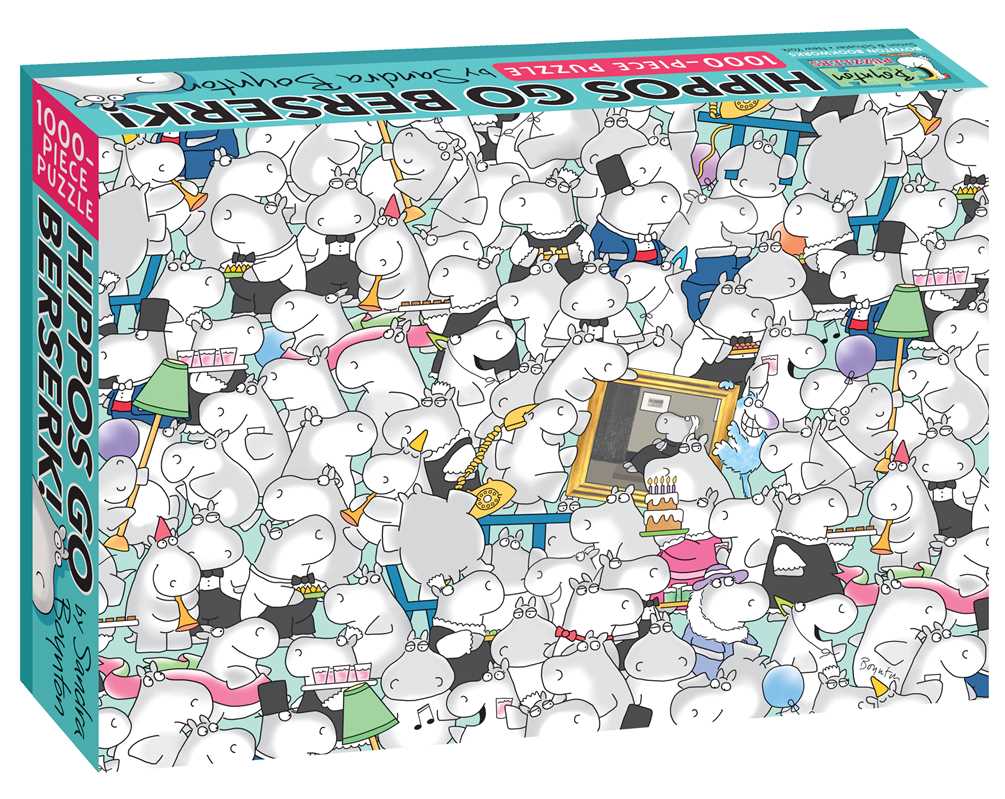 Image of a puzzle box titled "Hippos go Berserk" with hippos covering every inch of the box. 