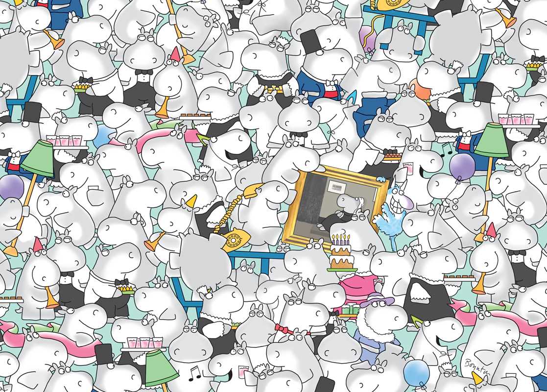 Image of hippos covering the page doing a variety of activities. 