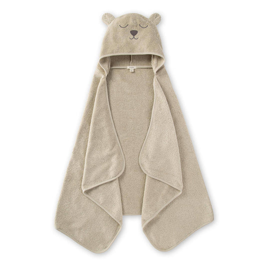 Beige towel with a hood in the style of a bear with a peaceful expression against a white background. 