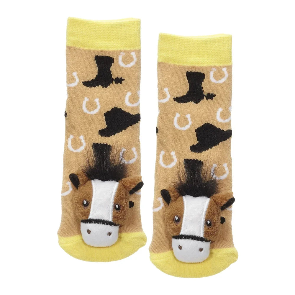 Pair of Messy Moose socks with horseshoe, cowboy hat, and cowboy boot design with a plush horse on the toe. 