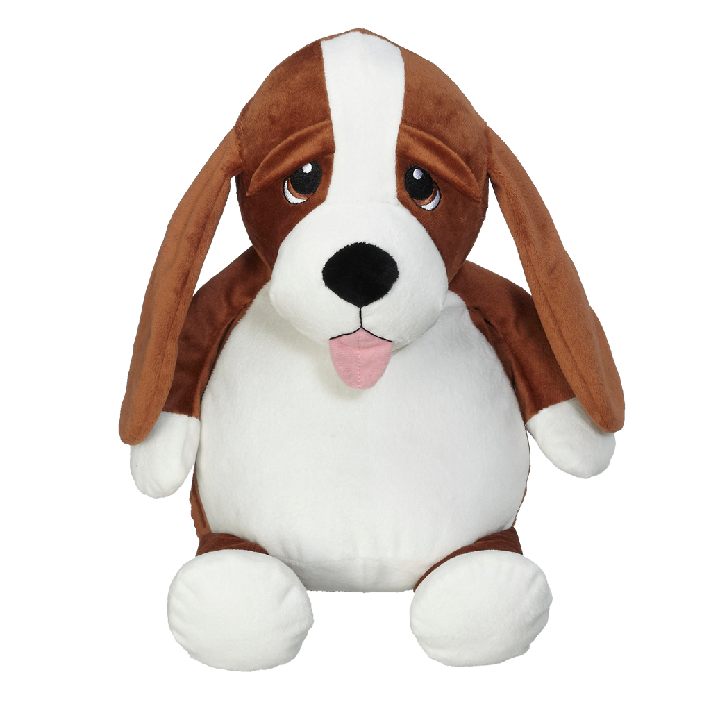 Plush brown and white Hound with a black nose and a pink tongue against a white background. 