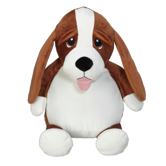 Plush brown and white Hound with a black nose and a pink tongue against a white background. 
