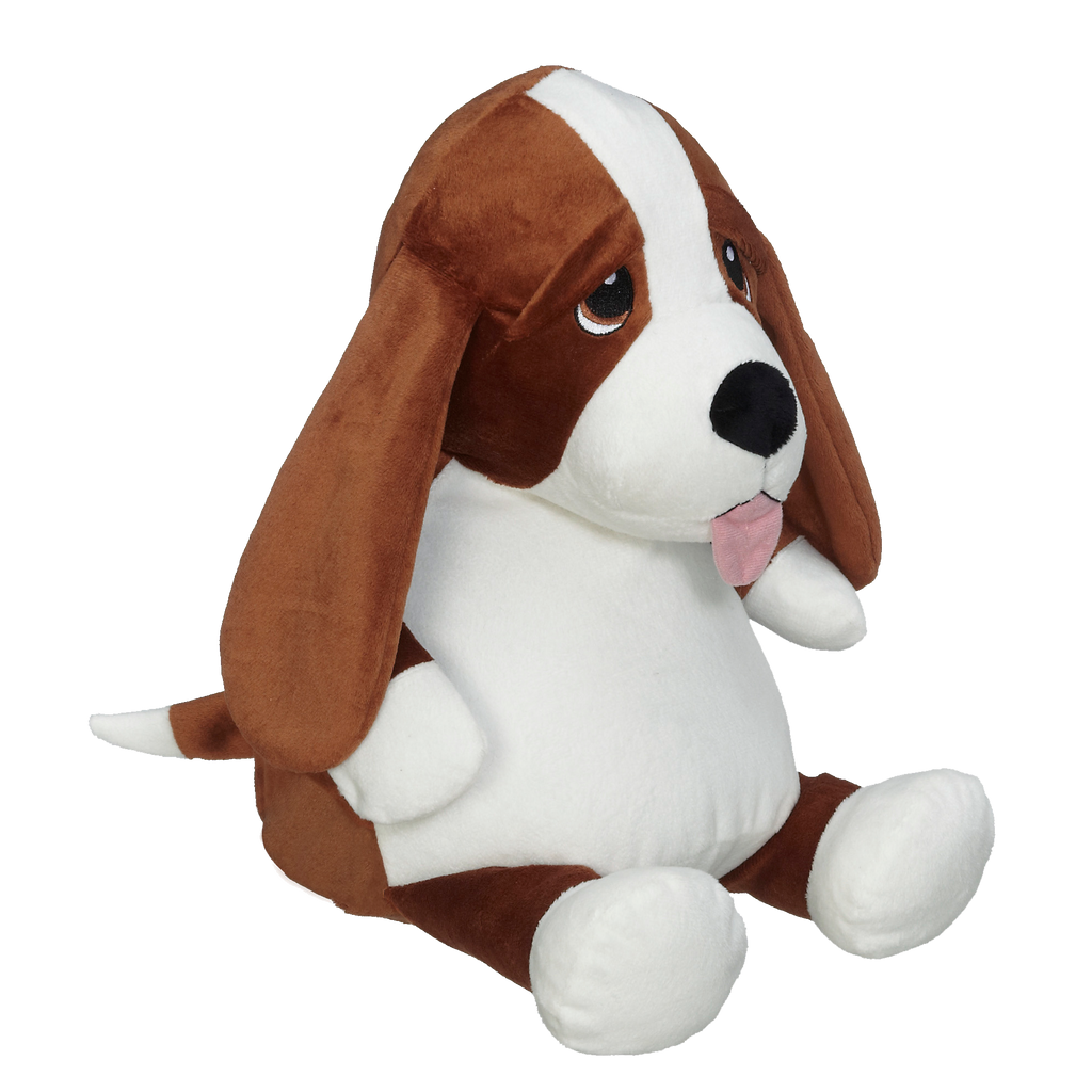 Side view of a plush brown & white Hound dog with long ears, black nose, pink tongue, and soulful eyes against a white background. 
