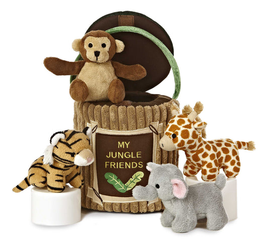 Set of plush jungle animals with a storage barrel labeled 'My Jungle Friends' on a white background