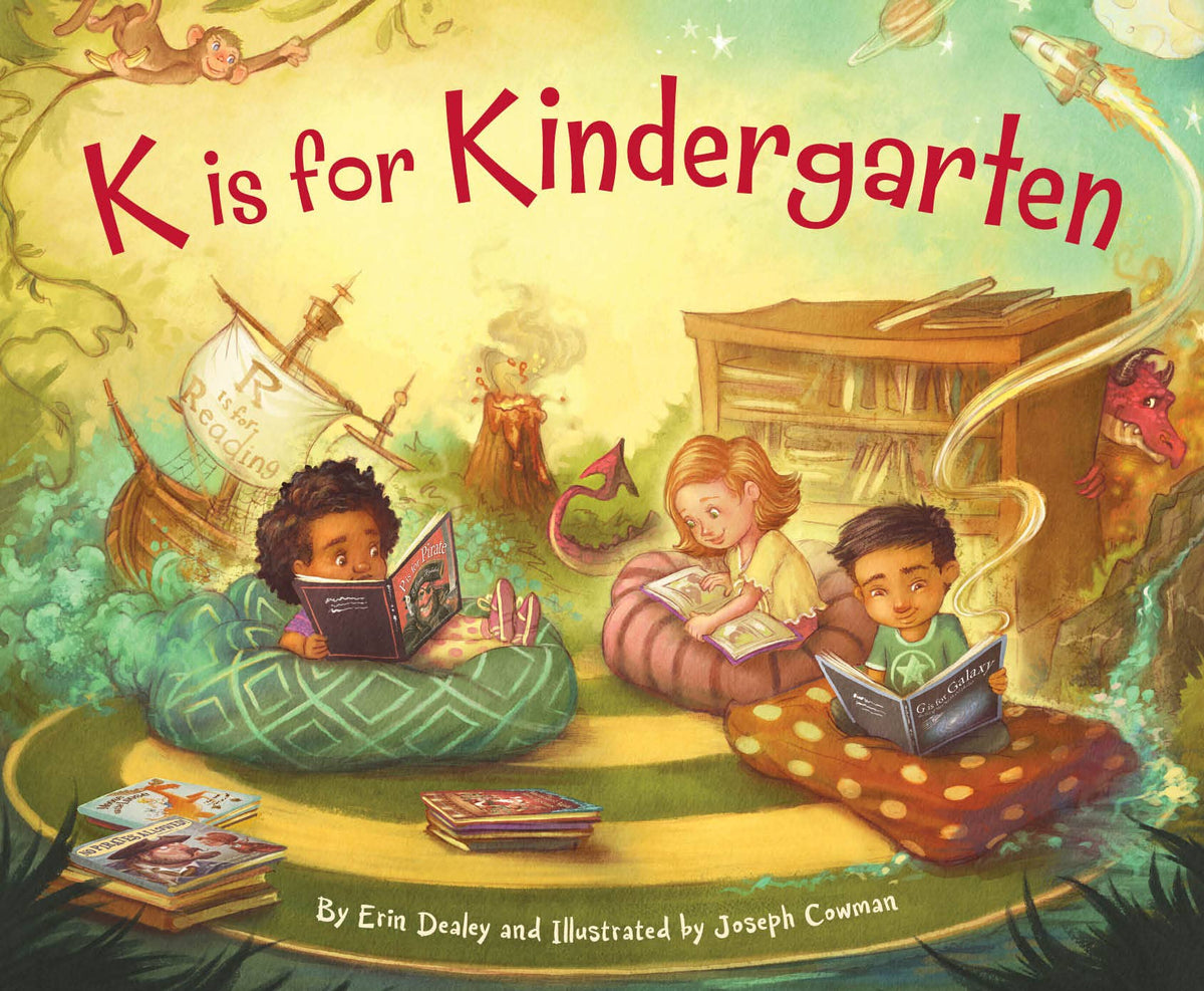 Front of a book with 'K is for Kindergarten' on the title and children laying underneath reading surrounded by fantasy elements. 