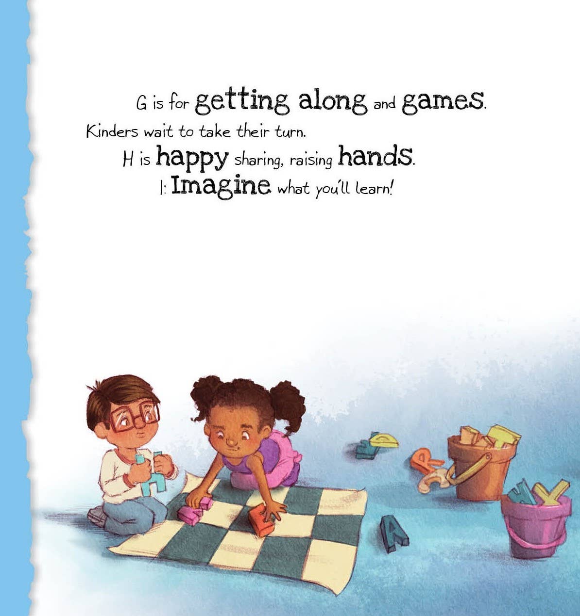 Page of a picture book with words across the top and children underneath playing with blocks. 