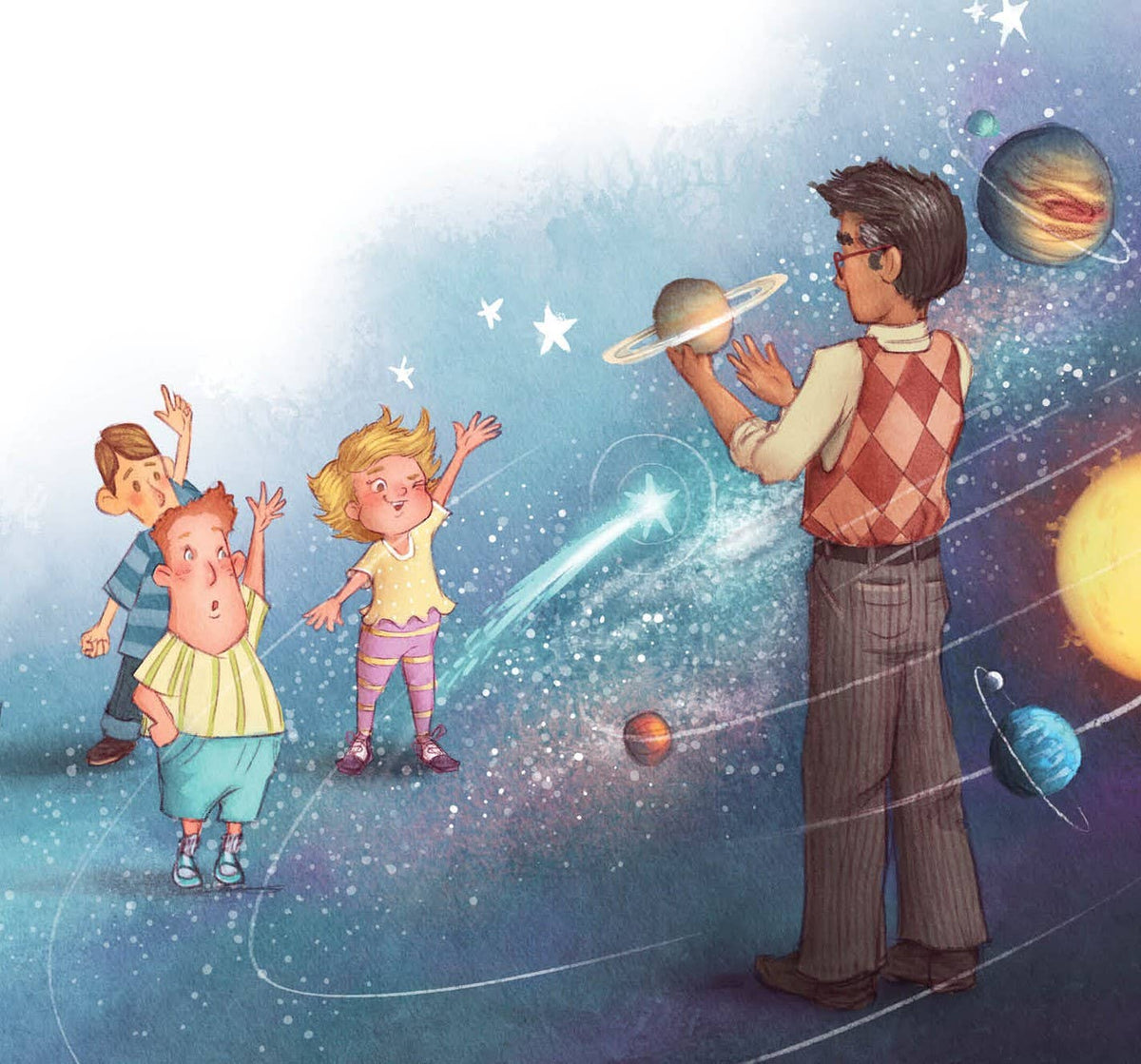 Page from a picture book that looks like space with children raising their hands as a teacher holds a planet. 