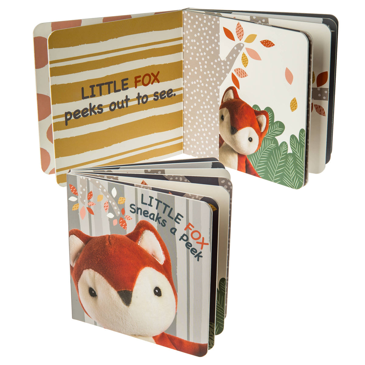 Board book of a fox sneaking around a forest against a white background. 