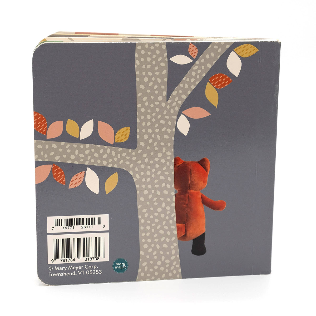 Back view of a chidlren's board book with a fox against a tree and the usbn information in the left corner. 