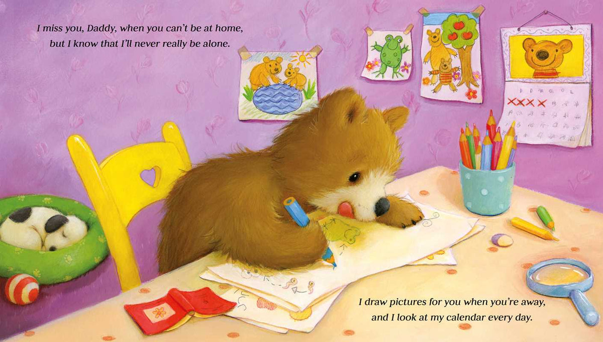 Picture of a little bear coloring pictures with background image of a dog sleeping in the bed. 