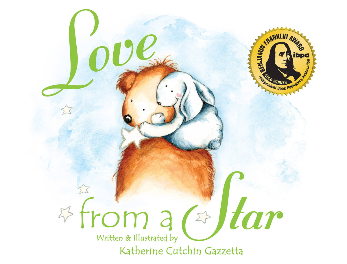 Cover of a children's book titled "Love from a star" with a bear and a rabbit hugging a star and a Benjamin Franklin Award gold circle in the corner. 