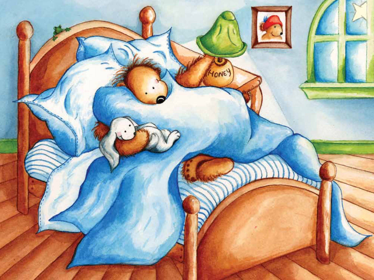 Illustrated picture of a bear and a bunny waking up in a bed tangled in covers with a lamp in the background. 