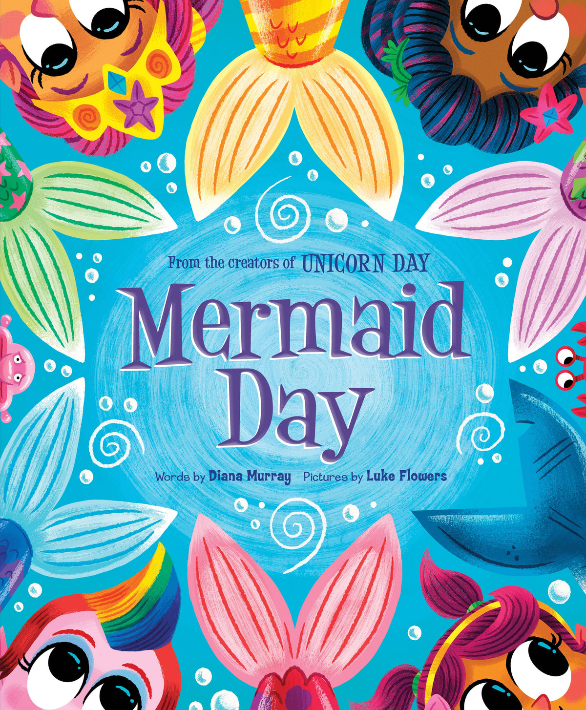 Book cover of 'Mermaid Day' with colorful mermaid illustrations on a blue background.