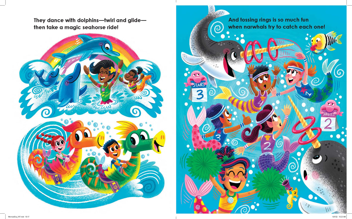 Illustrated pages from a children's book with mermaids and dolphins in an ocean setting.