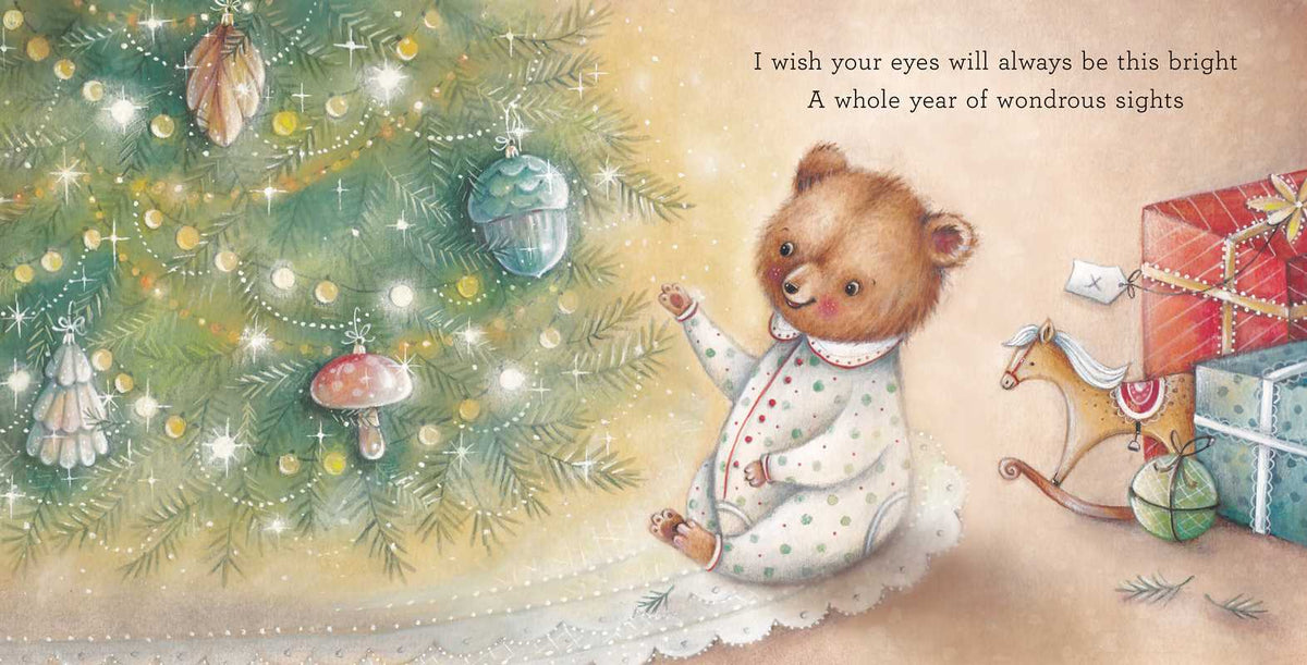 A vintage-style Christmas illustration featuring a teddy bear in white pajamas sitting beside a decorated tree, with wrapped gifts, a rocking horse, and a poem printed on the right side.