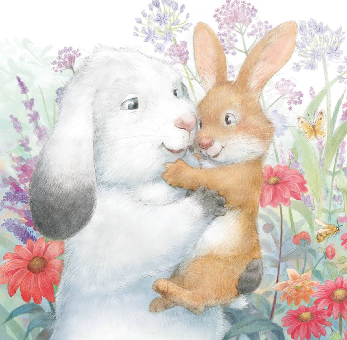 Two rabbits hug in a field of flowers on an illustrated page. 