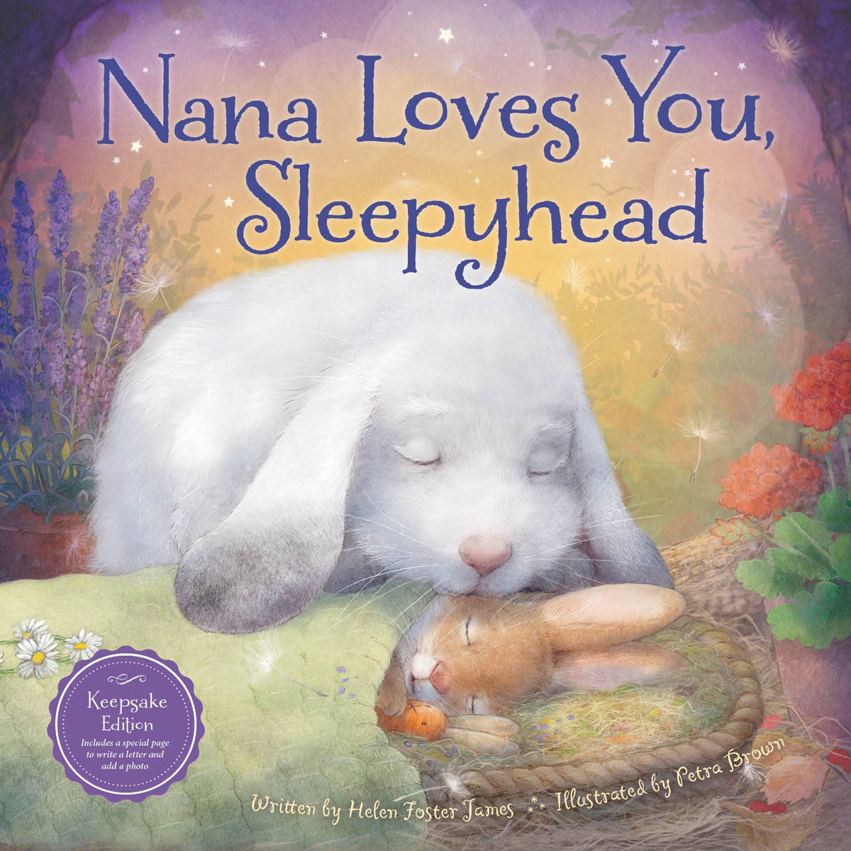 Picture book cover titled 'Nana Loves You, Sleepyhead' with two rabbits in a den 
