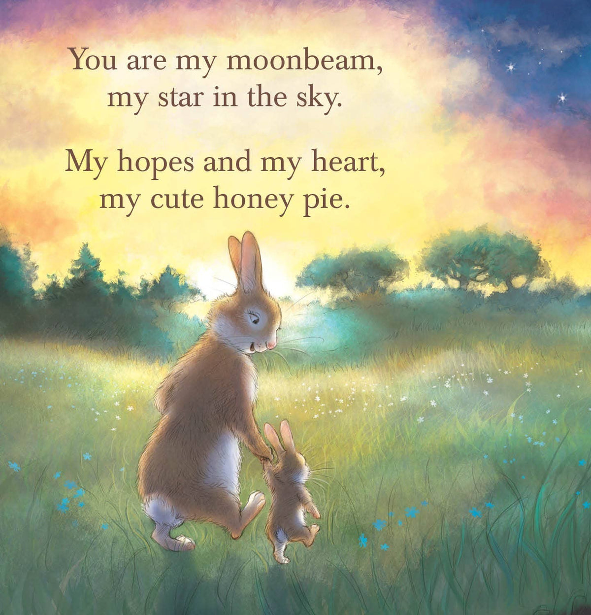 Page from a picture book of two rabbits in a field with the setting sun in the sky and words in the corner. 