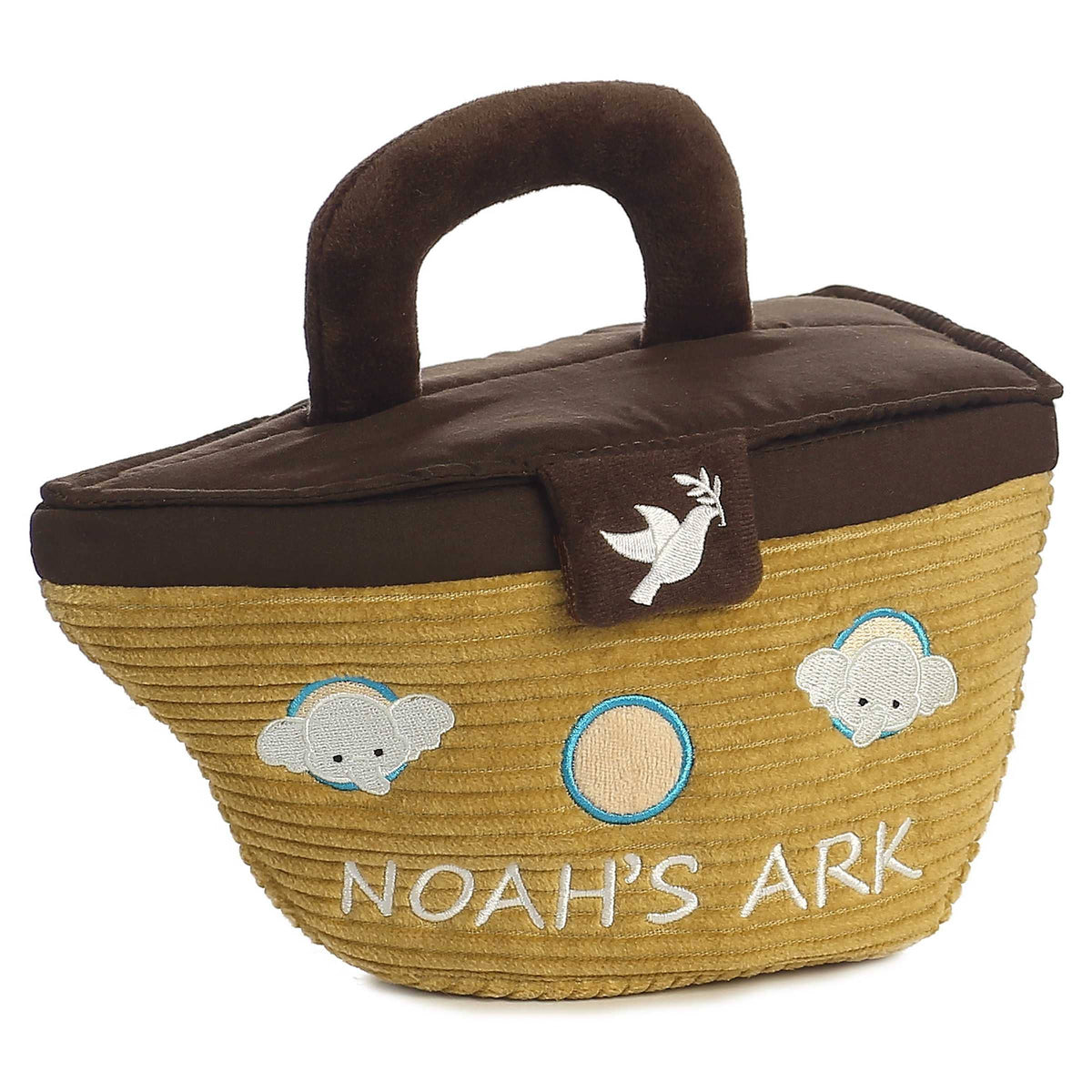 Noah's Ark toy basket with brown lid and beige body on a white background