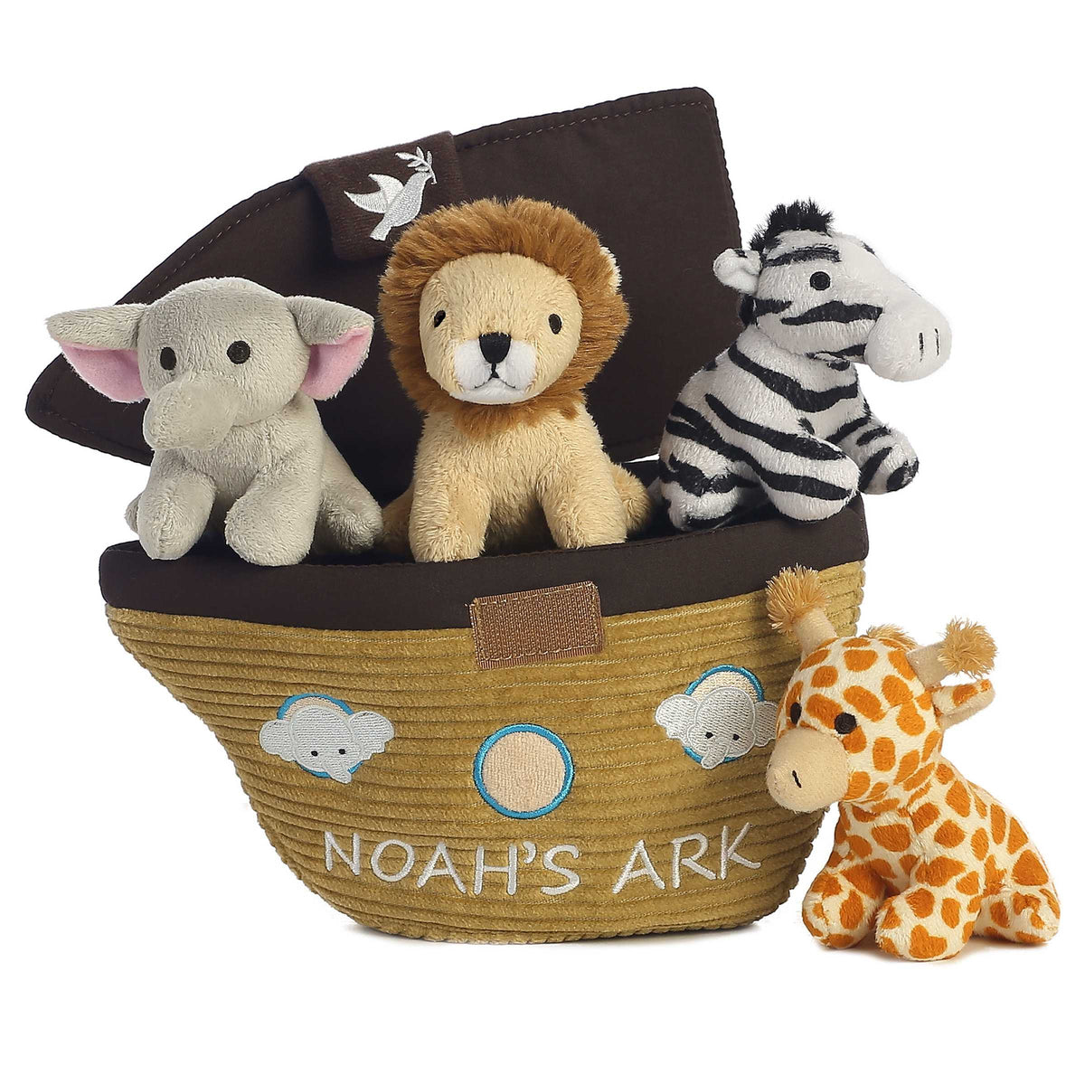 Noah's Ark toy set with stuffed animals on a white background