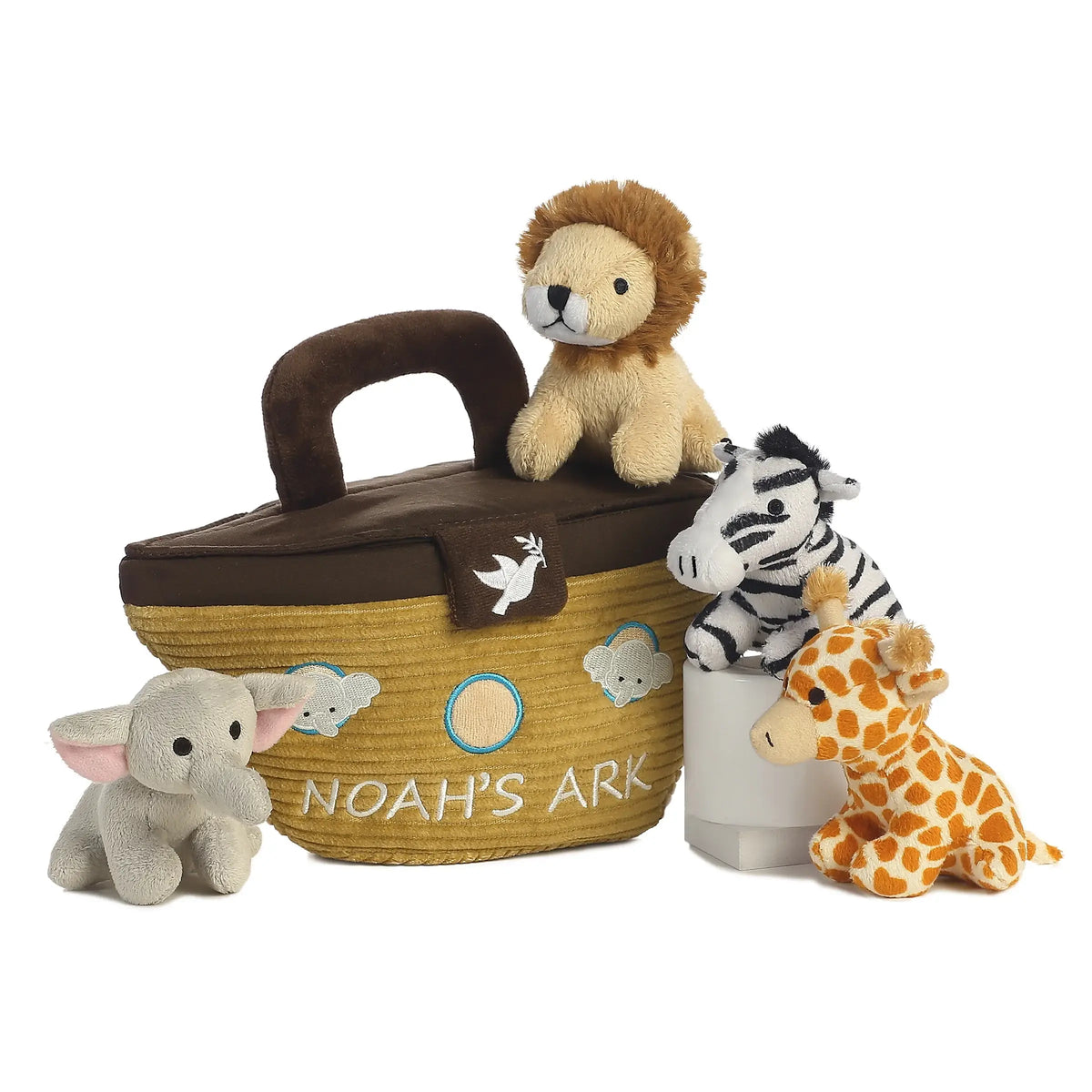 Noah's Ark toy set with plush animals including a lion, zebra, elephant, and giraffe on a white background.