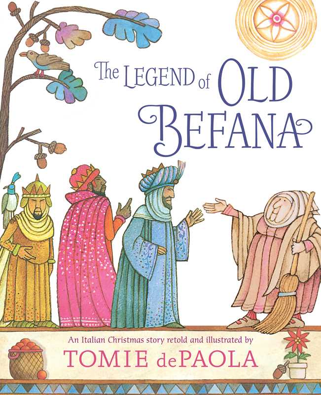 Book cover of 'The Legend of Old Befana' with illustrated characters and festive elements.