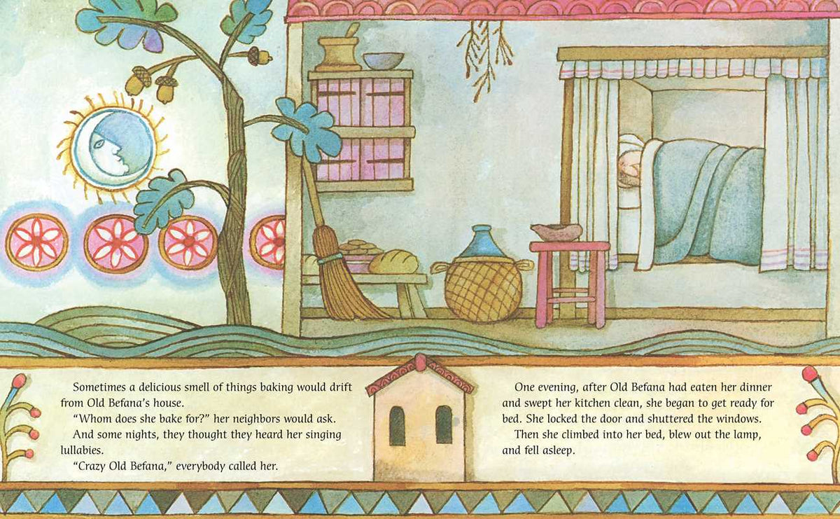 A vintage-style illustrated book page showing a cozy house interior with a tree, sun, patterned windows, and furniture, plus two columns of printed text at the bottom with a small house illustration.