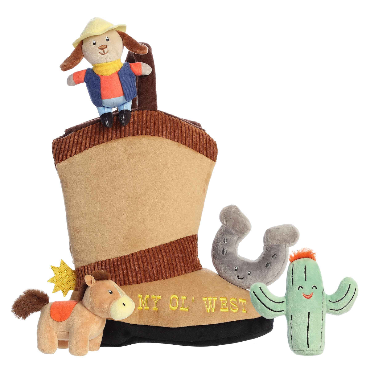 A plush boot is accompanied by several small characters against a white background. 