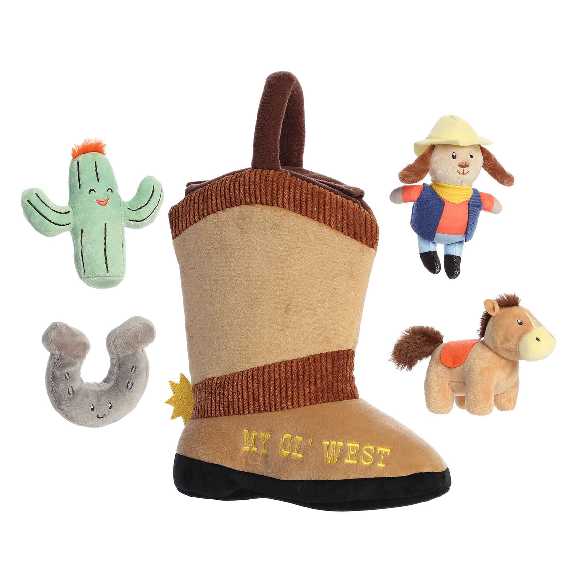 A plush boot viewed from the side is surrounded by a cactus, a horse, a horseshoe, and a cowboy. 