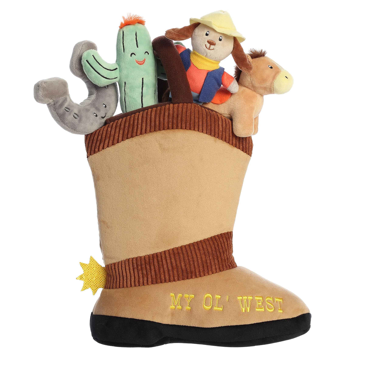 Small plush characters sit atop a plush boot reading "my ol west"