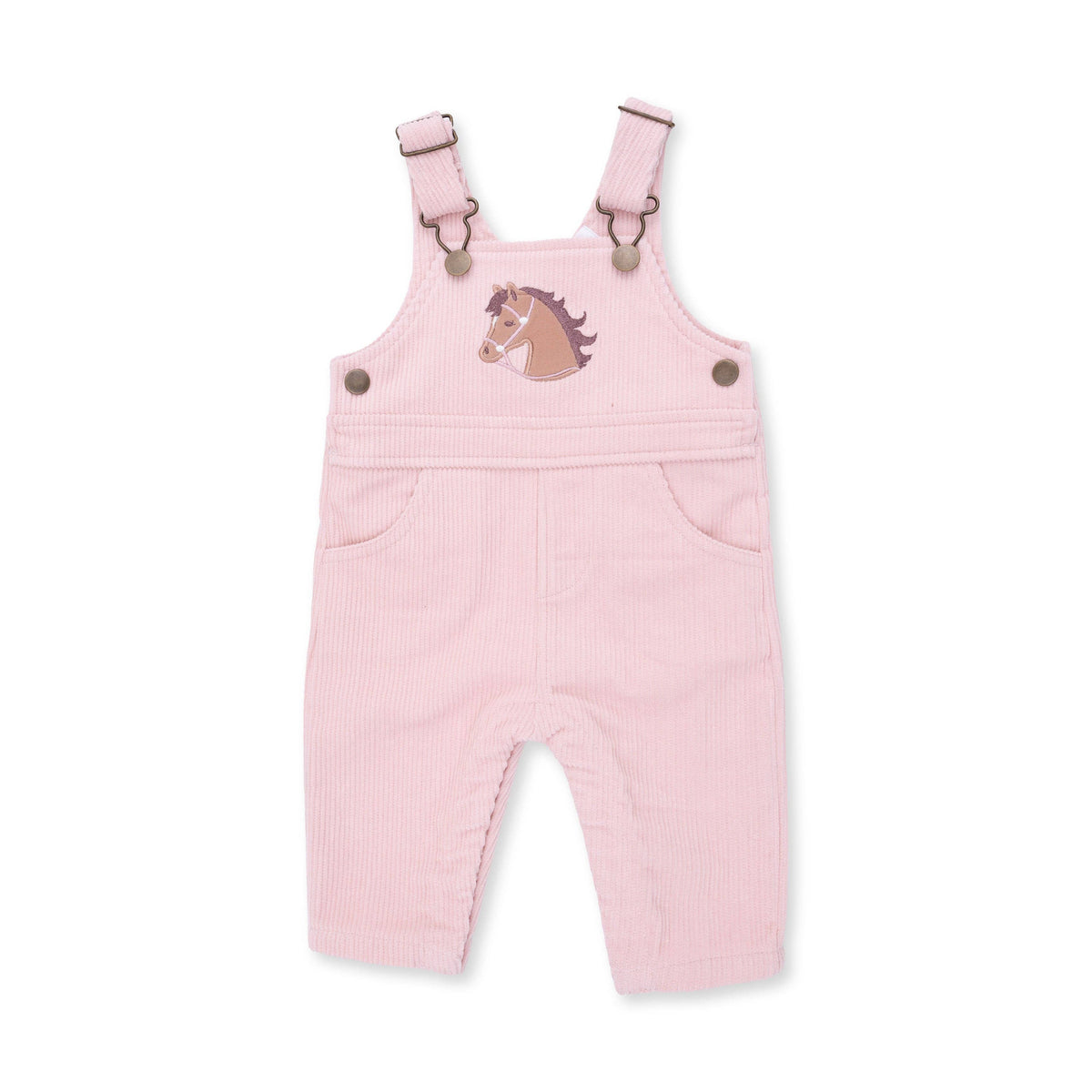 Pink corduroy overall with horse applique on white background