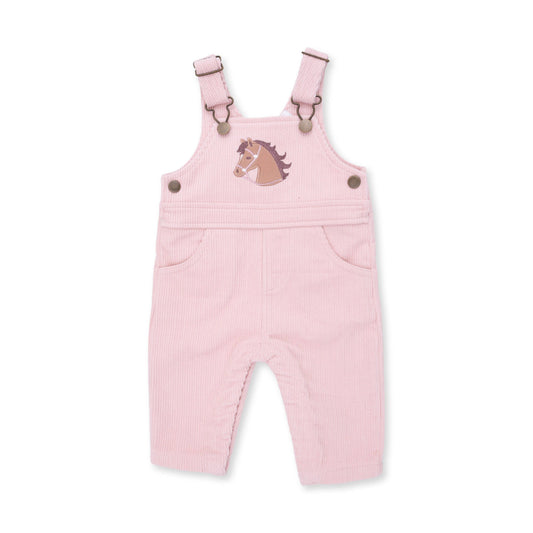 Pink corduroy overall with horse applique on white background