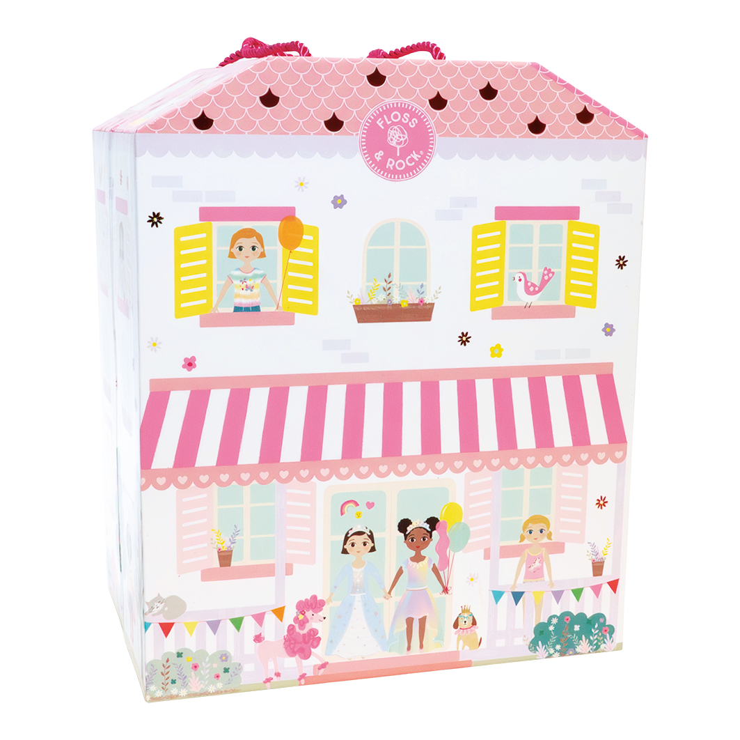 A pink and white playhouse box with several girls illustrated on the front of it against a white background. 
