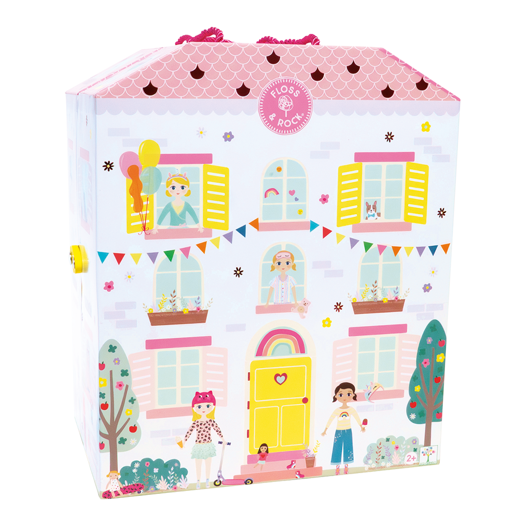 Pink playhouse with illustrated figures on the front