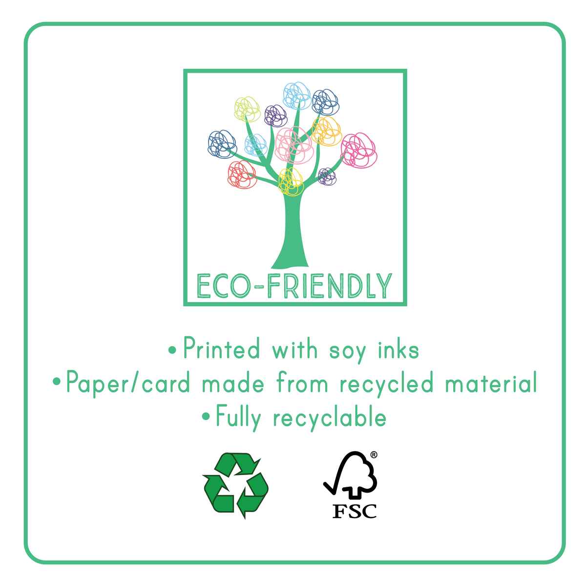 Logo with Eco Friendly information including printed with soy inks, paper/card made from recycled material, fully recyclable on a white background