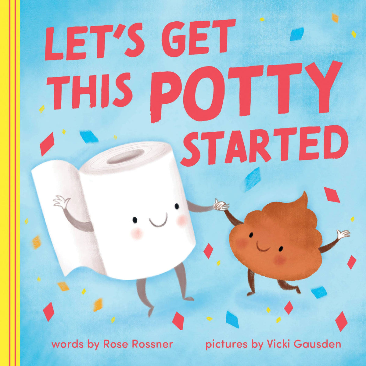 Book cover of 'Let's Get This Potty Started' with cartoon characters and colorful design.