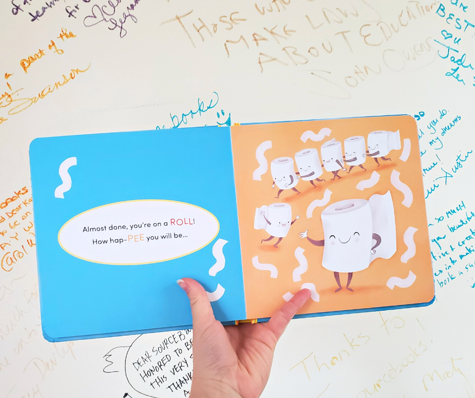 Children's book with cartoon characters on a handwritten paper background