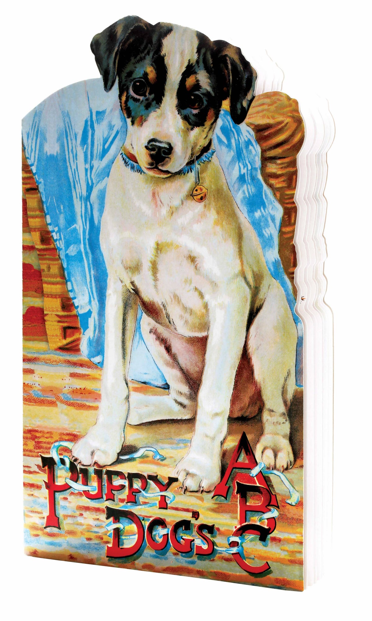 Dog sitting on a chair with a colorful background and text 'Puppy Dogs ABC' at the bottom.