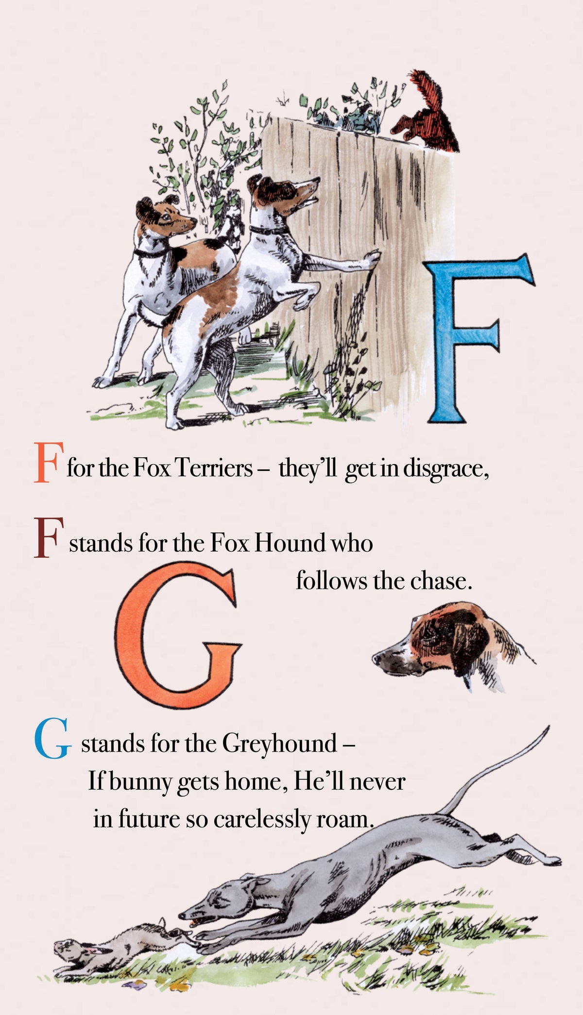 Vintage-style illustrated nursery rhyme print with large decorative letters F, G, and R and text about fox terriers, fox hound, and greyhound dogs on a cream background.