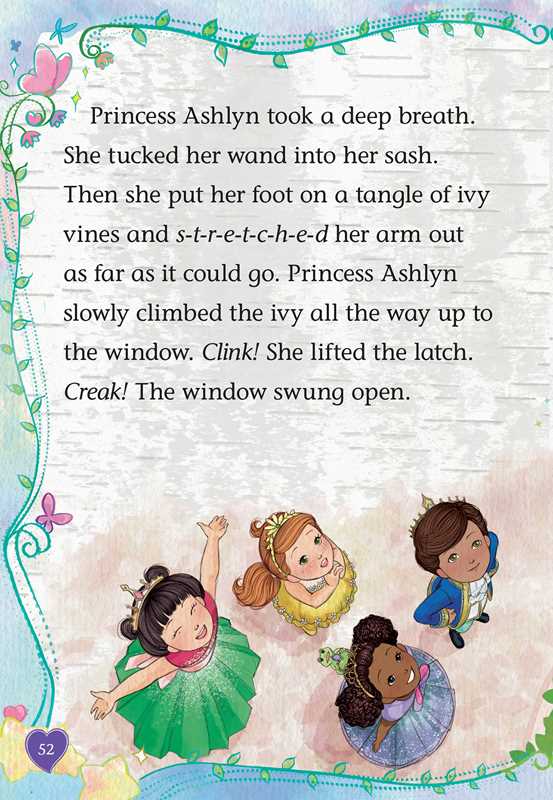 A children's book page with a fantasy illustration showing four princesses and a story about Princess Ashlyn climbing a window. The page has decorative floral borders, fantasy text, and a small purple heart label with the number 52.