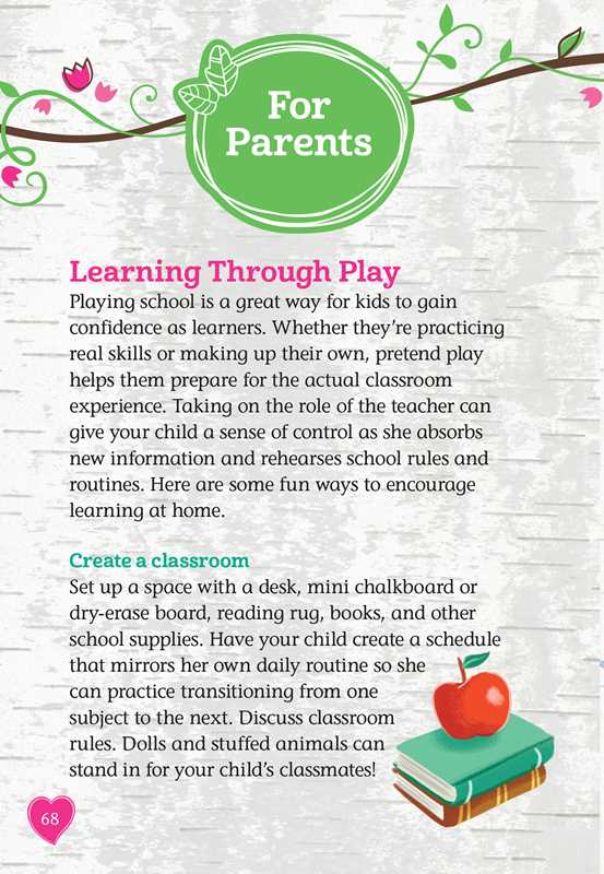 A page titled 'For Parents' with the heading 'Learning Through Play' and a section titled 'Create a classroom.' The page has decorative green vines and flowers, pink text headings, a green circular badge, and an illustration of a red apple on stacked green and blue books at the bottom, all on a white wood-textured background.