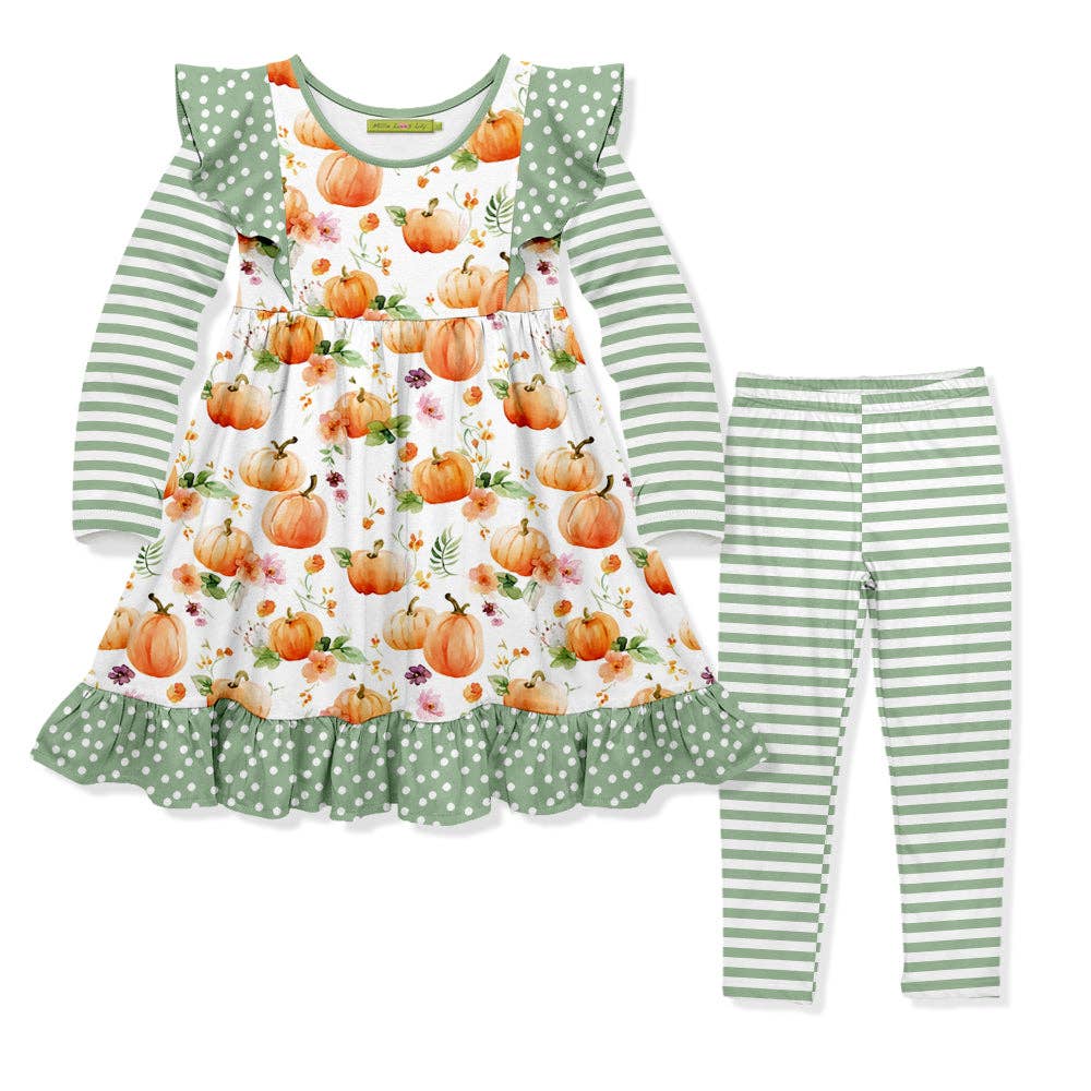 Image of a sage colored dress with pumpkins all over and a pair of matching sage and white striped pants on a white background. 