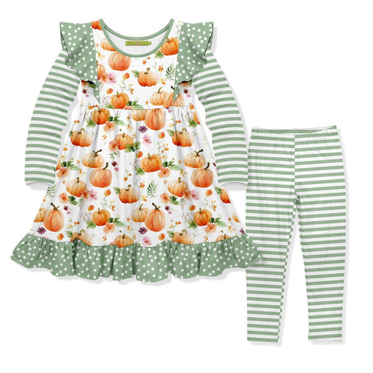 Image of a sage colored dress with pumpkins all over and a pair of matching sage and white striped pants on a white background. 