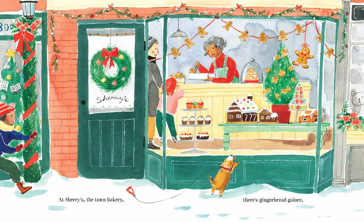 Illustration of a storefront and a girl chasing a dog down the snowy sidewalk, 