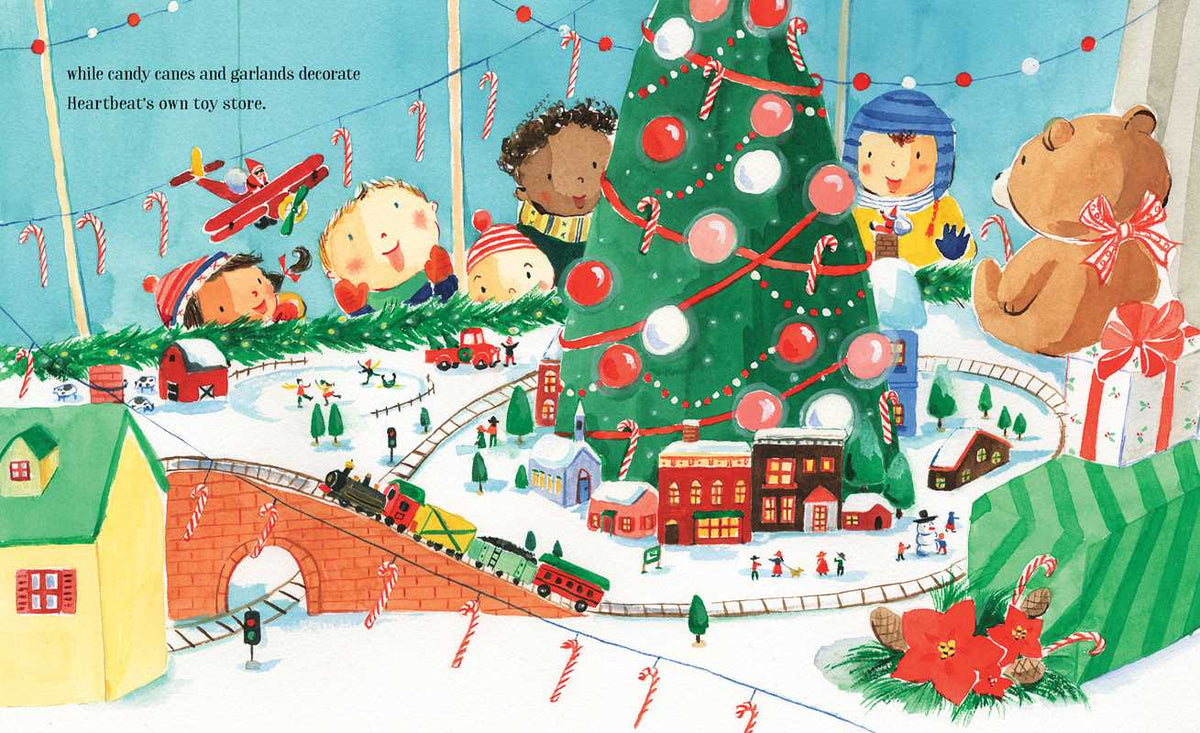 Illustration of a group of friends standing happily around a christmas tree and model train . 